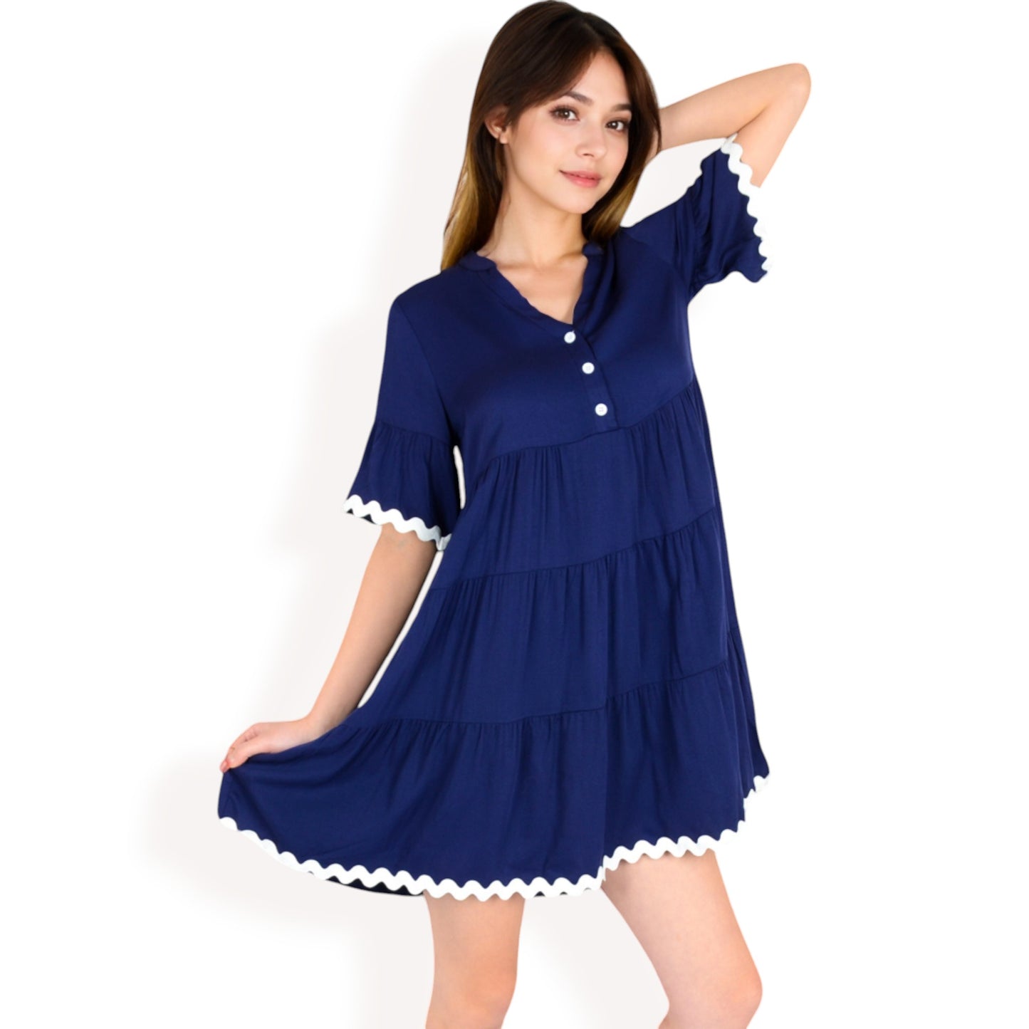 Tiered Mini Dress with Button Front Flutter Sleeves Contrast Trim Details