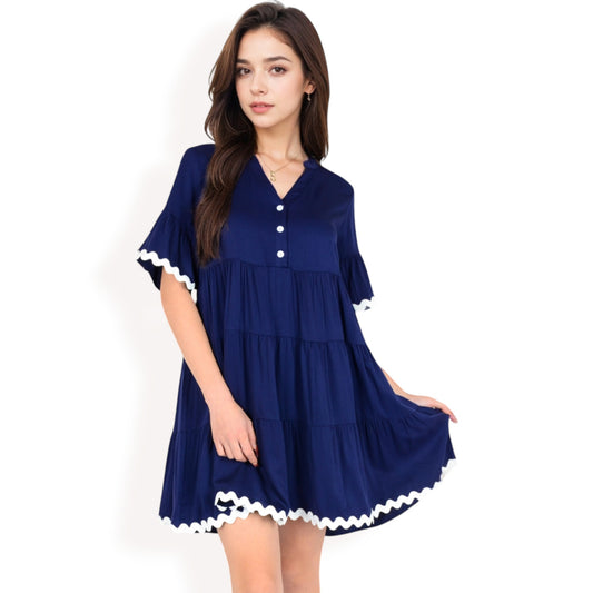Tiered Mini Dress with Button Front Flutter Sleeves Contrast Trim Details