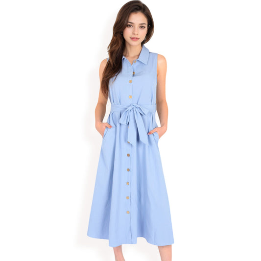 Sleeveless Button-Down Midi Dress with Waist Tie and Collared Neckline