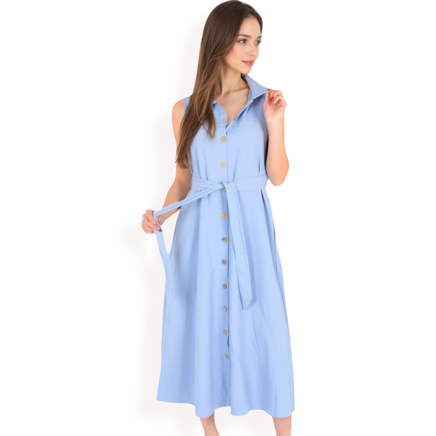 Sleeveless Button-Down Midi Dress with Waist Tie and Collared Neckline