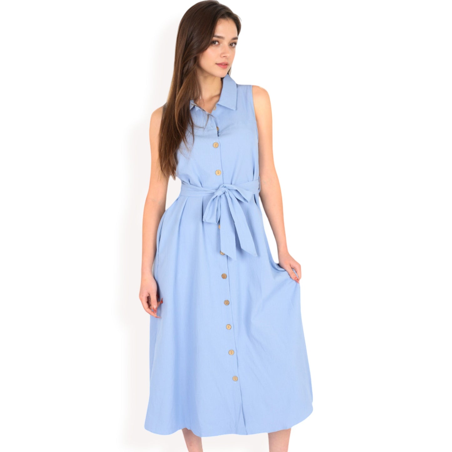 Sleeveless Button-Down Midi Dress with Waist Tie and Collared Neckline