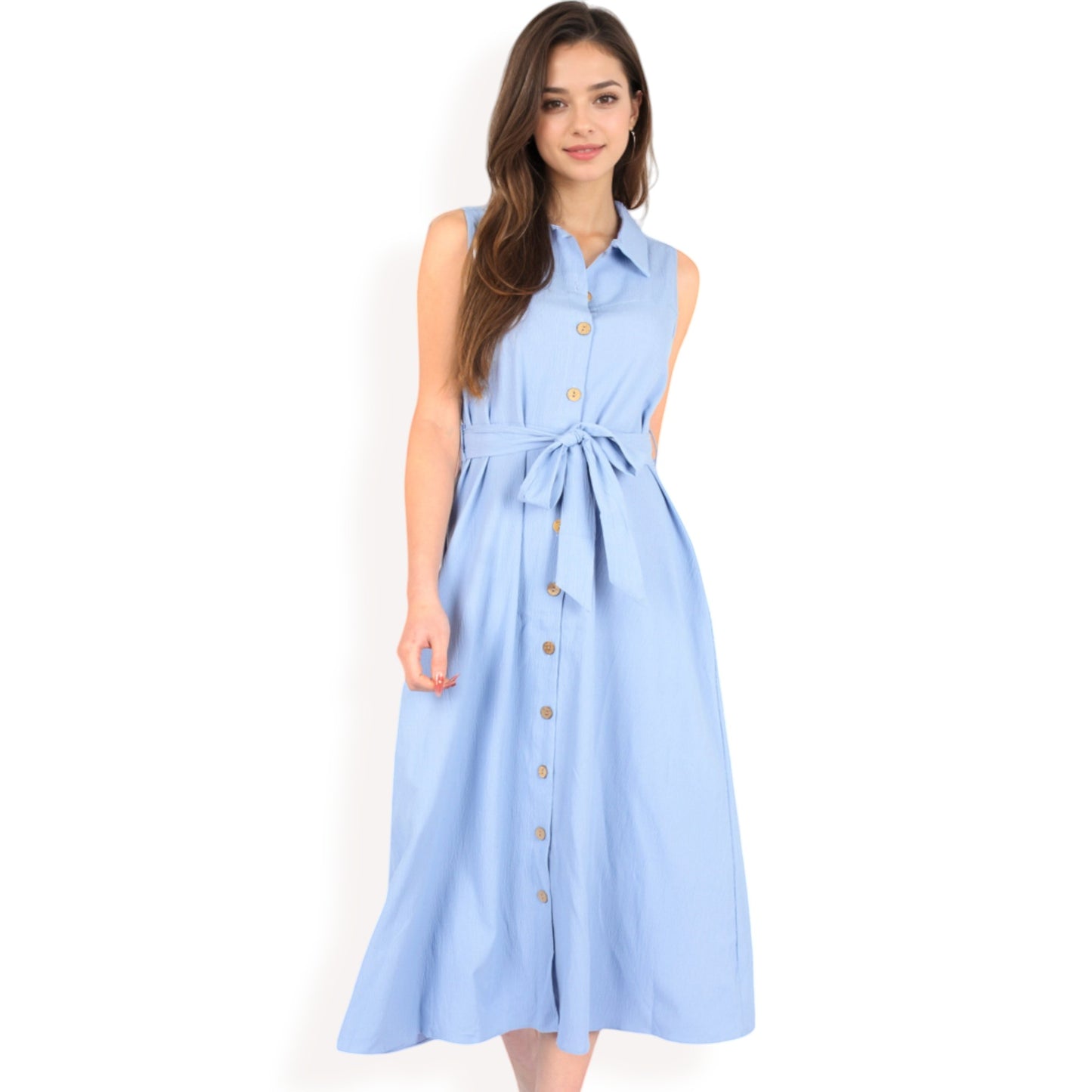 Sleeveless Button-Down Midi Dress with Waist Tie and Collared Neckline