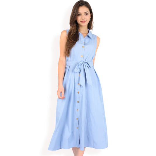 Sleeveless Button-Down Midi Dress with Waist Tie and Collared Neckline
