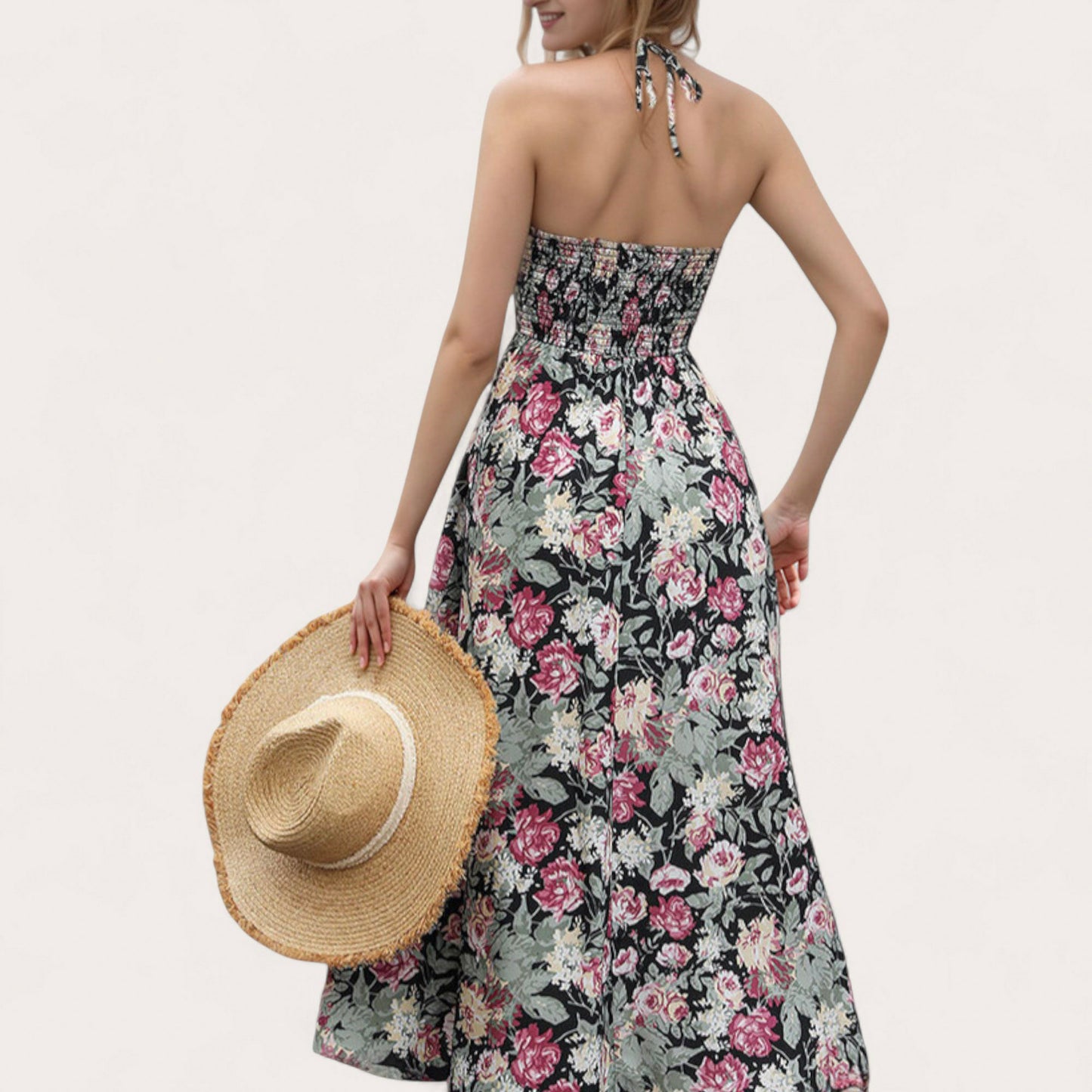 Women's Sleeveless Floral Print Maxi Dress with Adjustable Spaghetti Straps and V-Neckline
