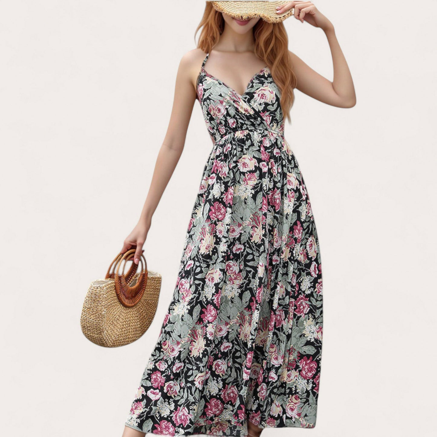Women's Sleeveless Floral Print Maxi Dress with Adjustable Spaghetti Straps and V-Neckline