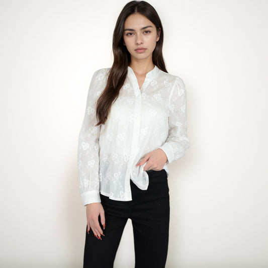 Sheer Floral Long Sleeve Blouse with Mandarin Collar and Subtle Embroidered Detail