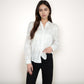 Sheer Floral Long Sleeve Blouse with Mandarin Collar and Subtle Embroidered Detail