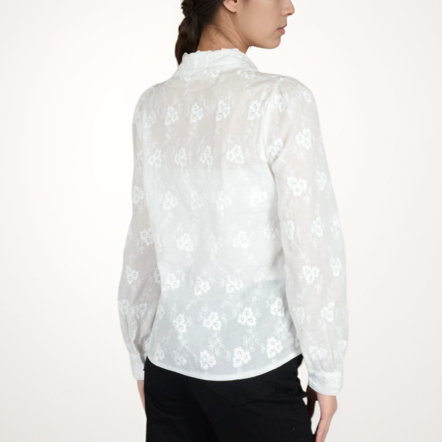 Sheer Floral Long Sleeve Blouse with Mandarin Collar and Subtle Embroidered Detail
