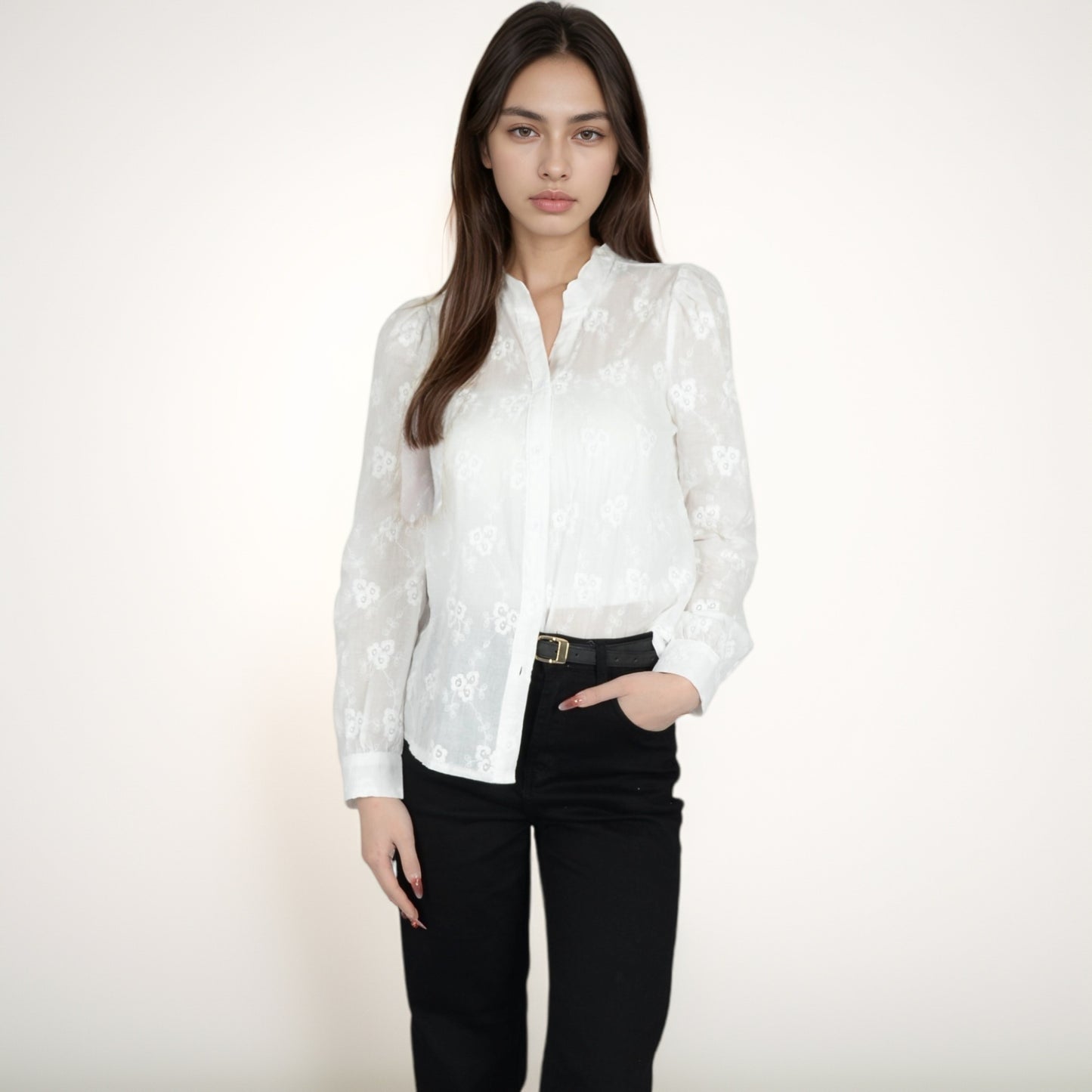 Sheer Floral Long Sleeve Blouse with Mandarin Collar and Subtle Embroidered Detail