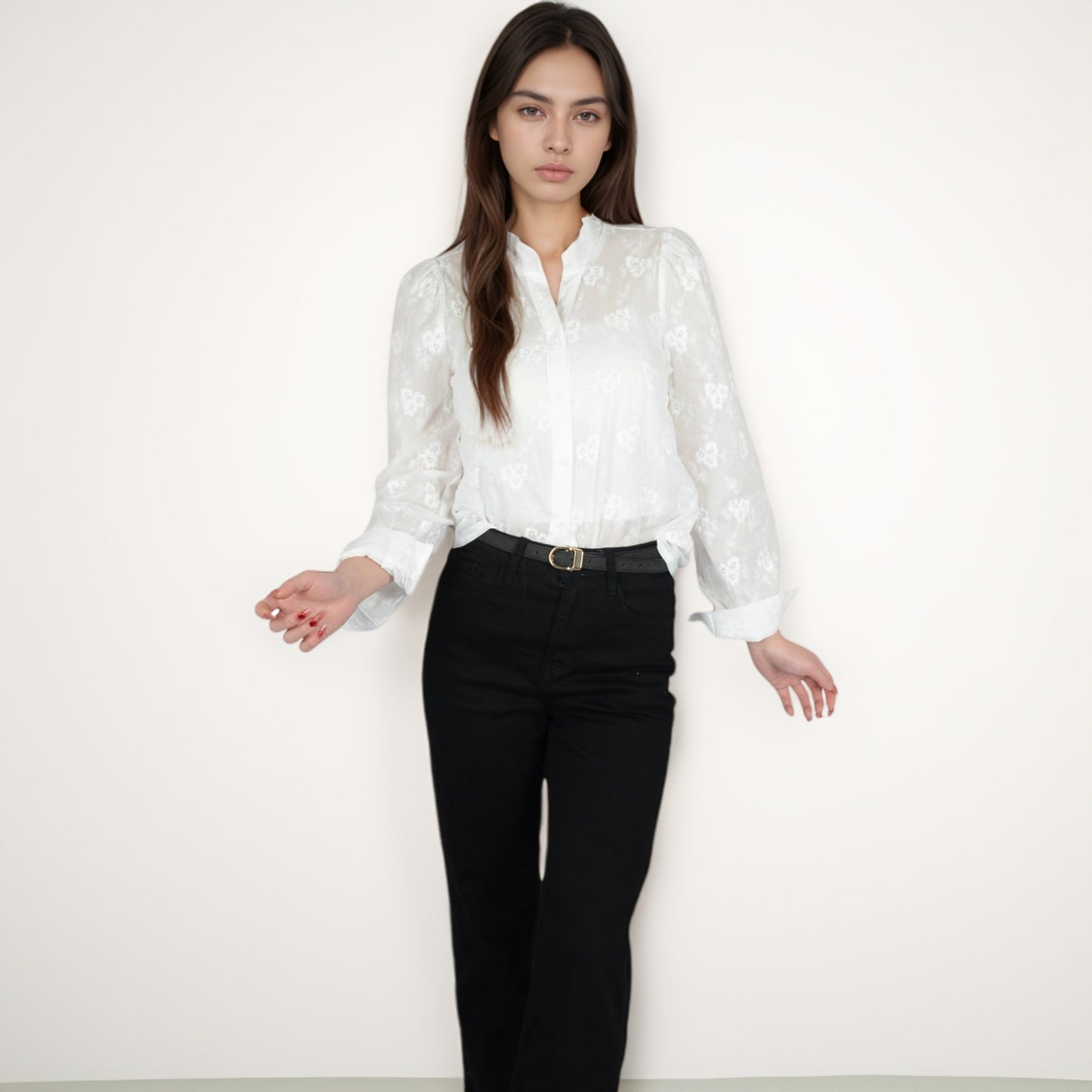 Sheer Floral Long Sleeve Blouse with Mandarin Collar and Subtle Embroidered Detail