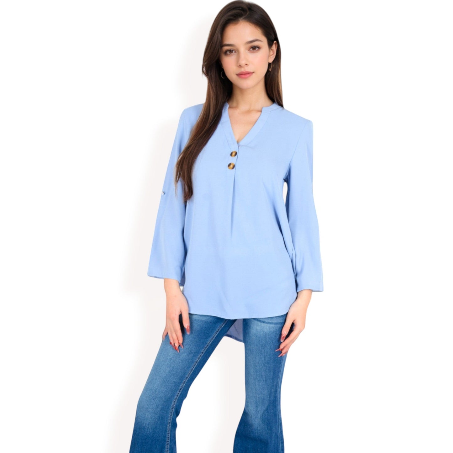 V-Neck Blouse with Button Accents and Roll-Up Sleeves