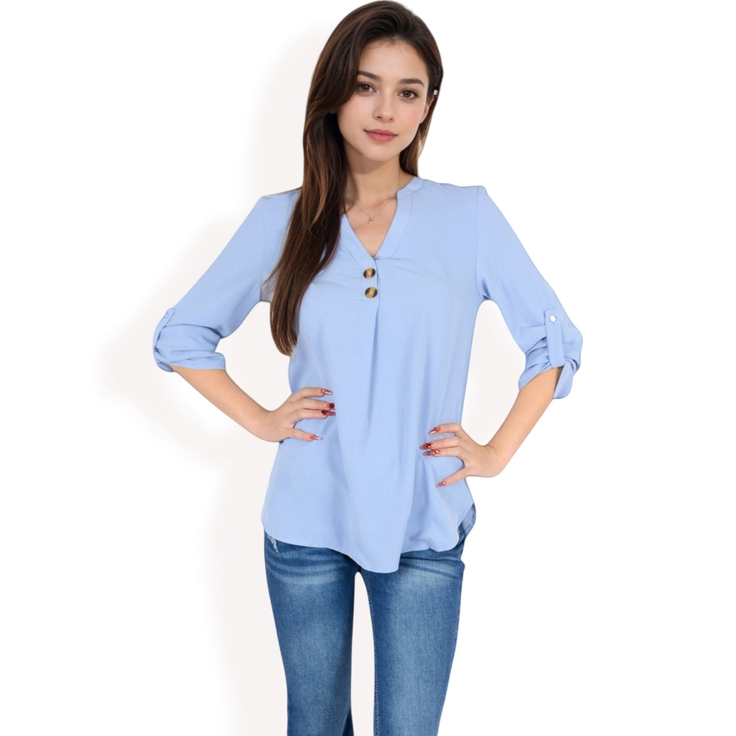 V-Neck Blouse with Button Accents and Roll-Up Sleeves