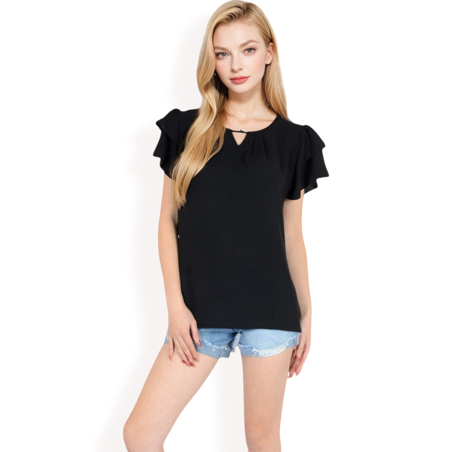 Flutter Sleeve Top with Keyhole Neckline and Lightweight Textured Fabric