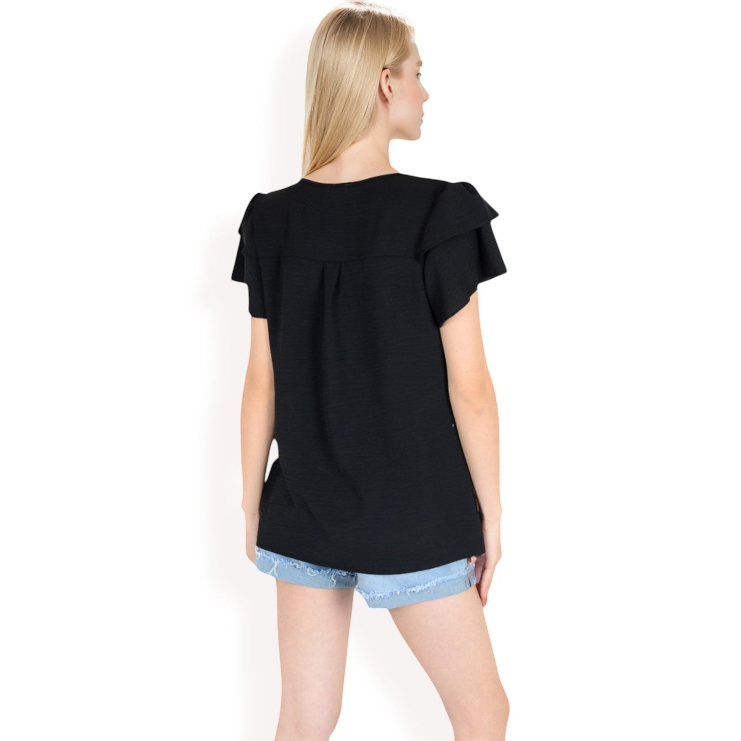 Flutter Sleeve Top with Keyhole Neckline and Lightweight Textured Fabric