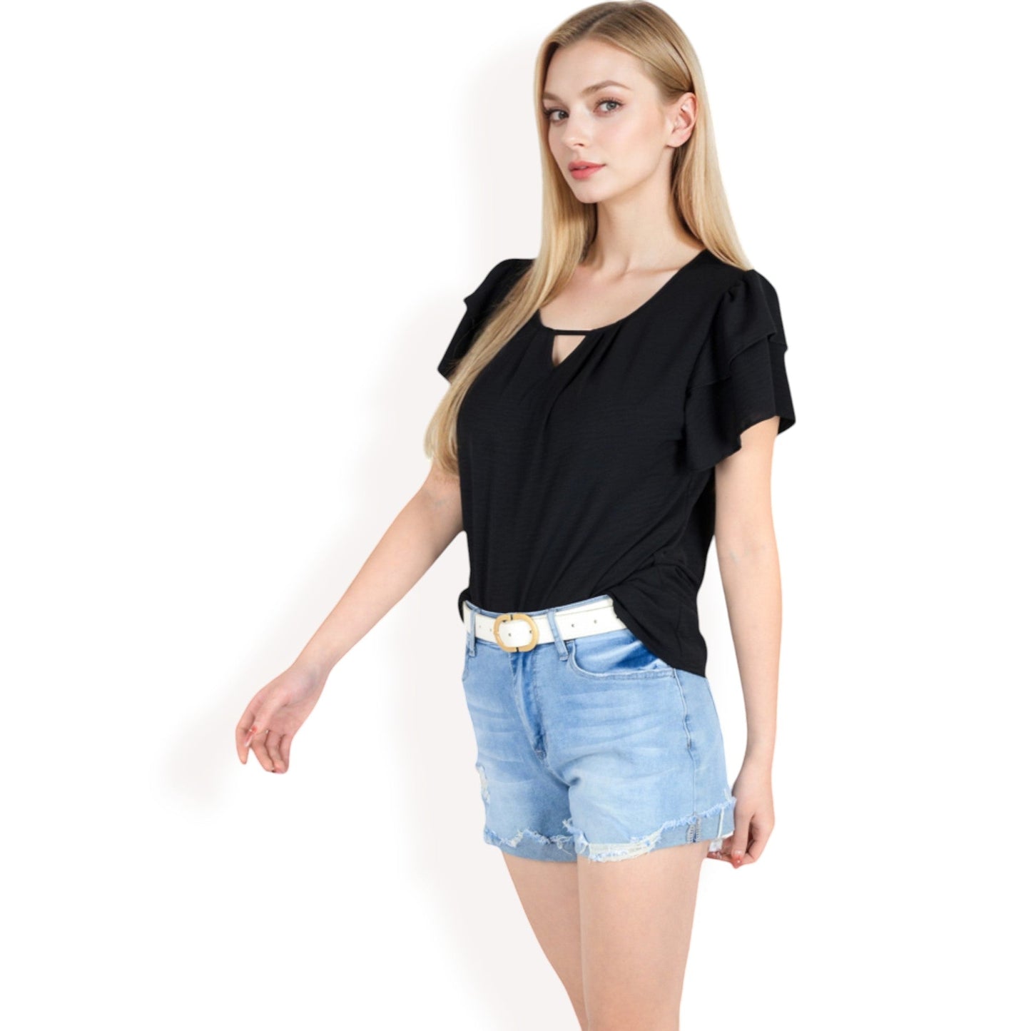 Flutter Sleeve Top with Keyhole Neckline and Lightweight Textured Fabric