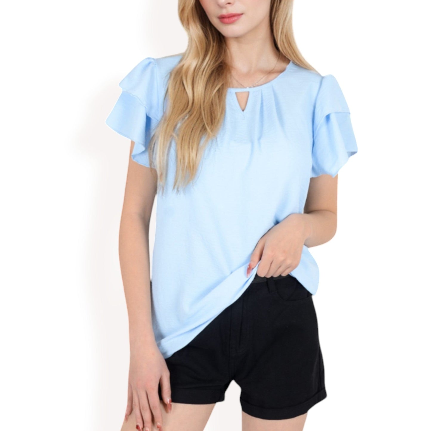 Flutter Sleeve Top with Keyhole Neckline and Lightweight Textured Fabric