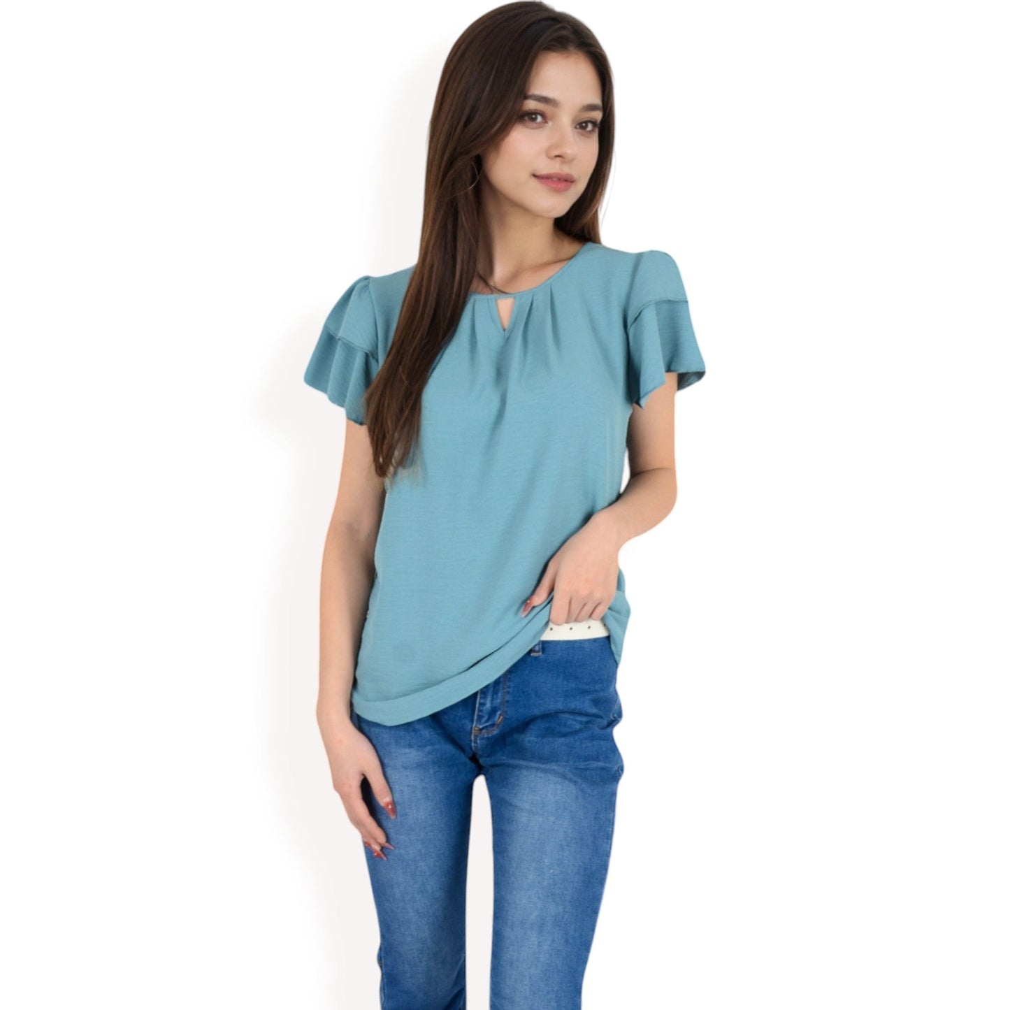 Flutter Sleeve Top with Keyhole Neckline and Lightweight Textured Fabric