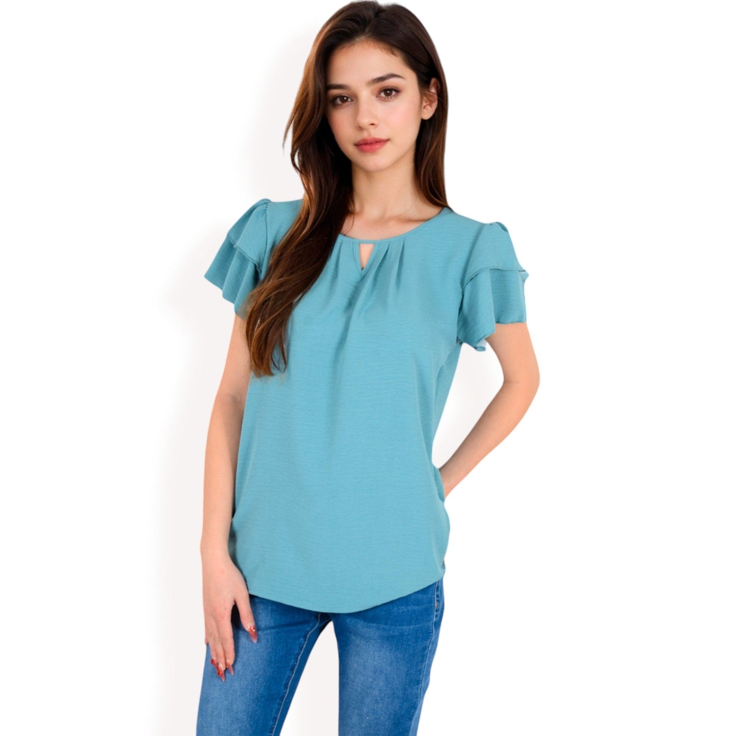 Flutter Sleeve Top with Keyhole Neckline and Lightweight Textured Fabric