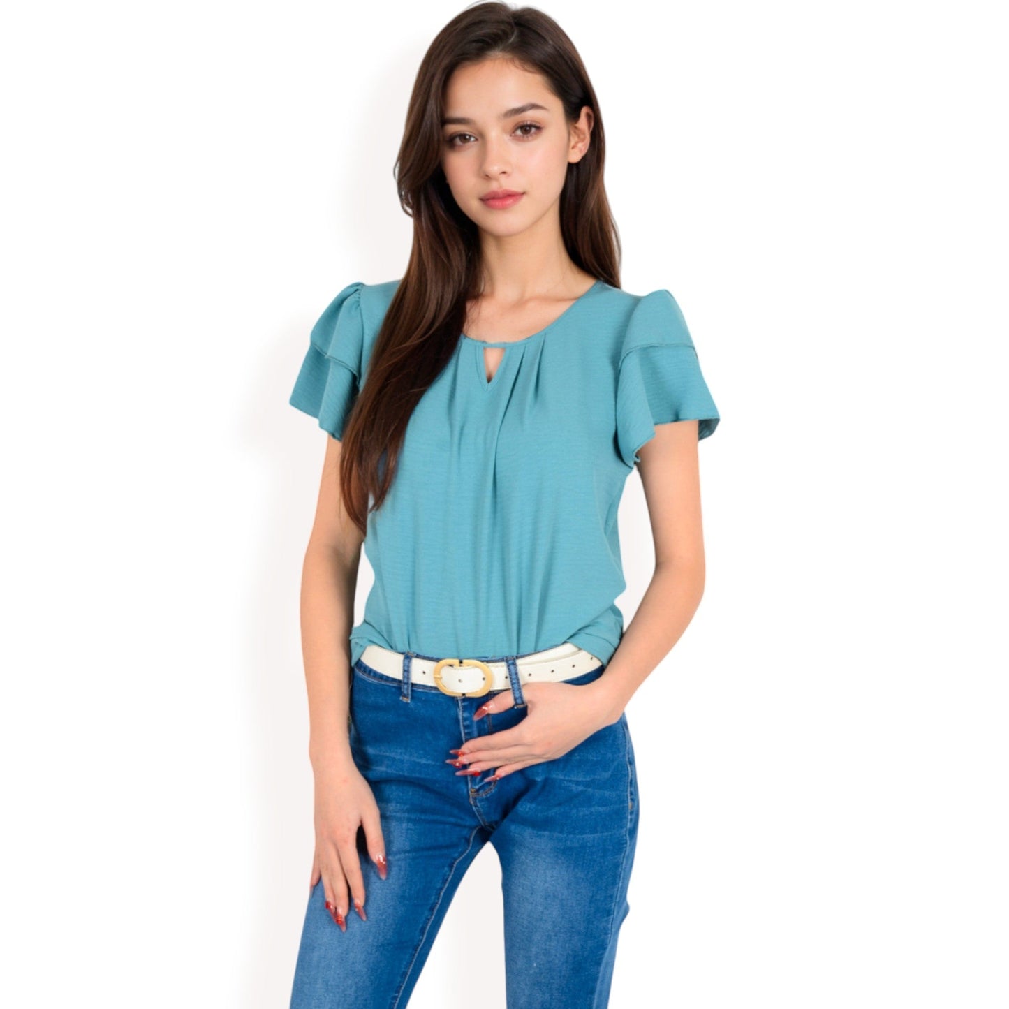 Flutter Sleeve Top with Keyhole Neckline and Lightweight Textured Fabric