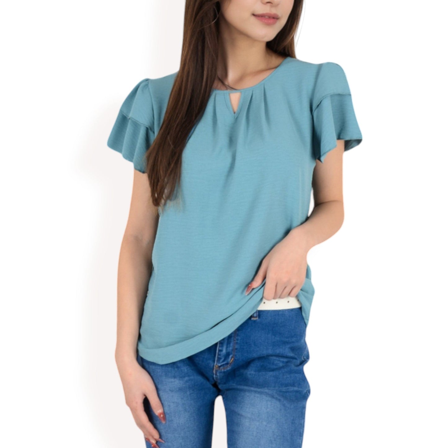 Flutter Sleeve Top with Keyhole Neckline and Lightweight Textured Fabric