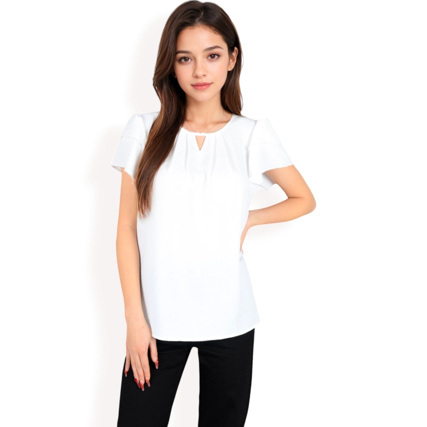 Flutter Sleeve Top with Keyhole Neckline and Lightweight Textured Fabric