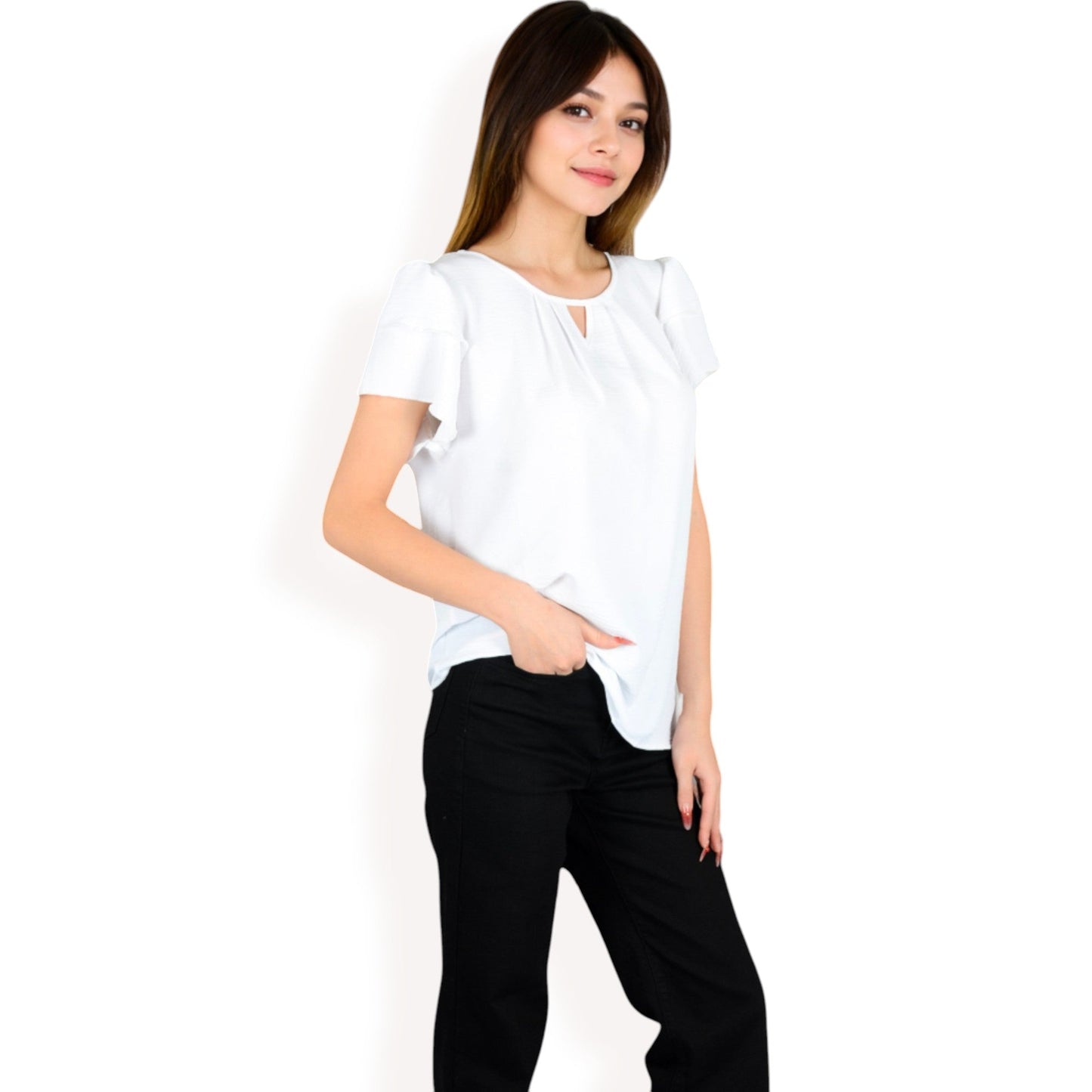Flutter Sleeve Top with Keyhole Neckline and Lightweight Textured Fabric
