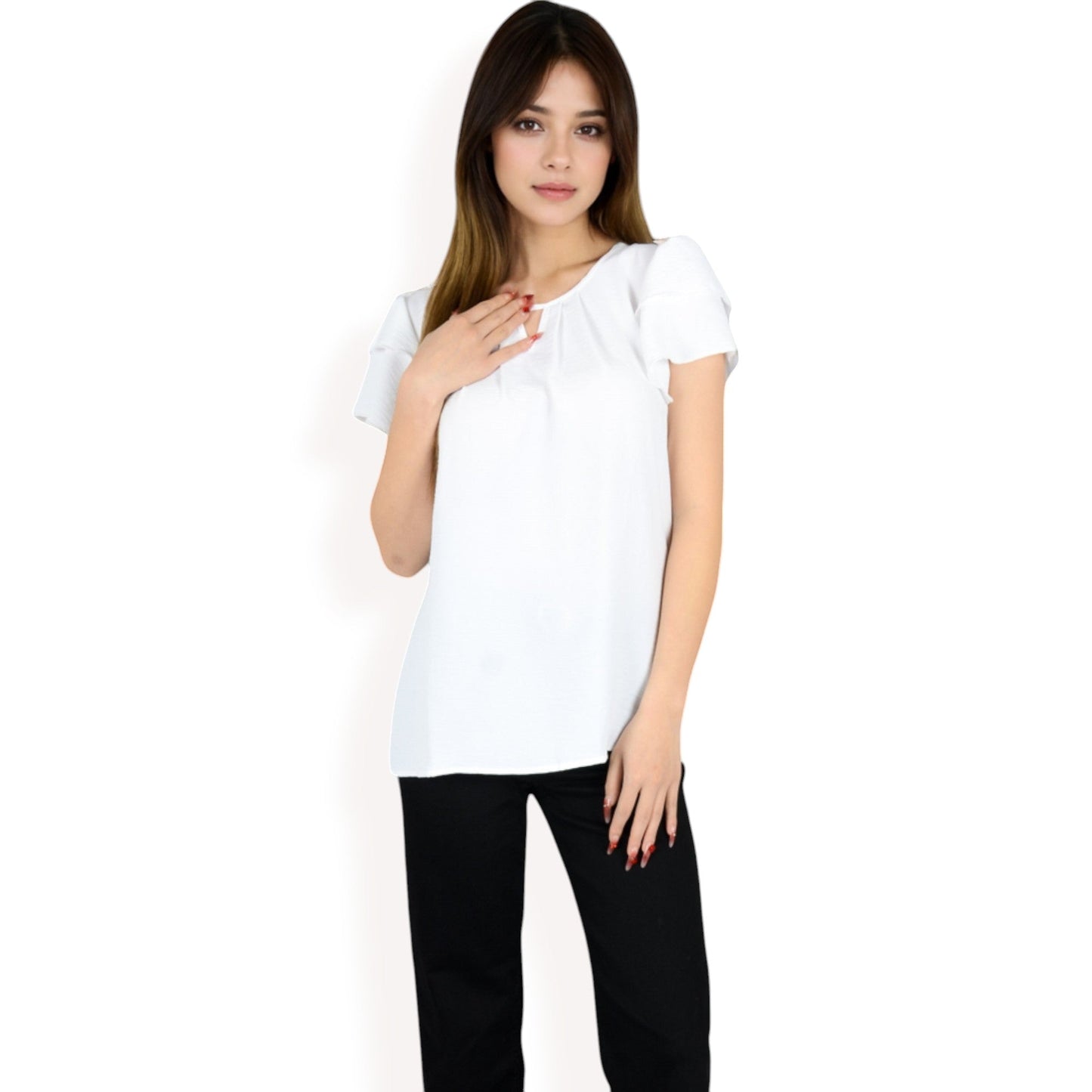 Flutter Sleeve Top with Keyhole Neckline and Lightweight Textured Fabric