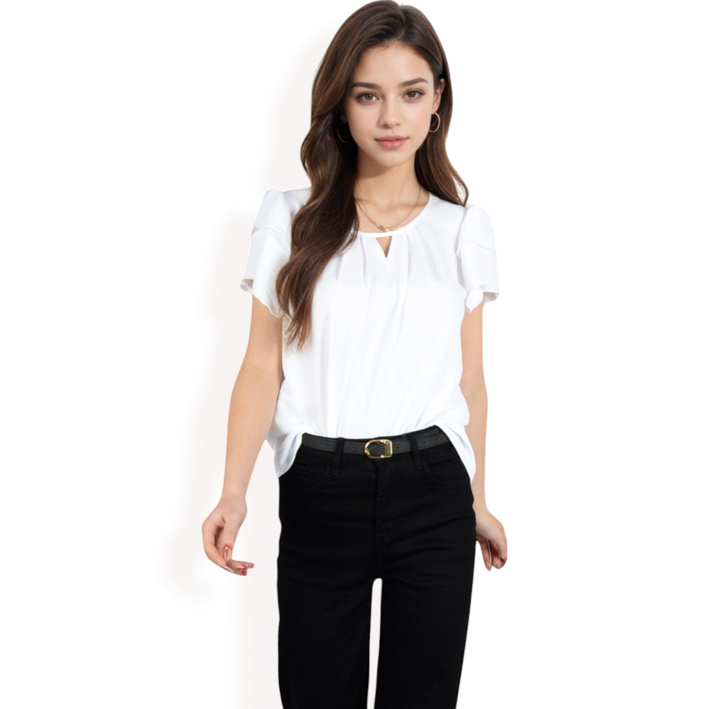 Flutter Sleeve Top with Keyhole Neckline and Lightweight Textured Fabric