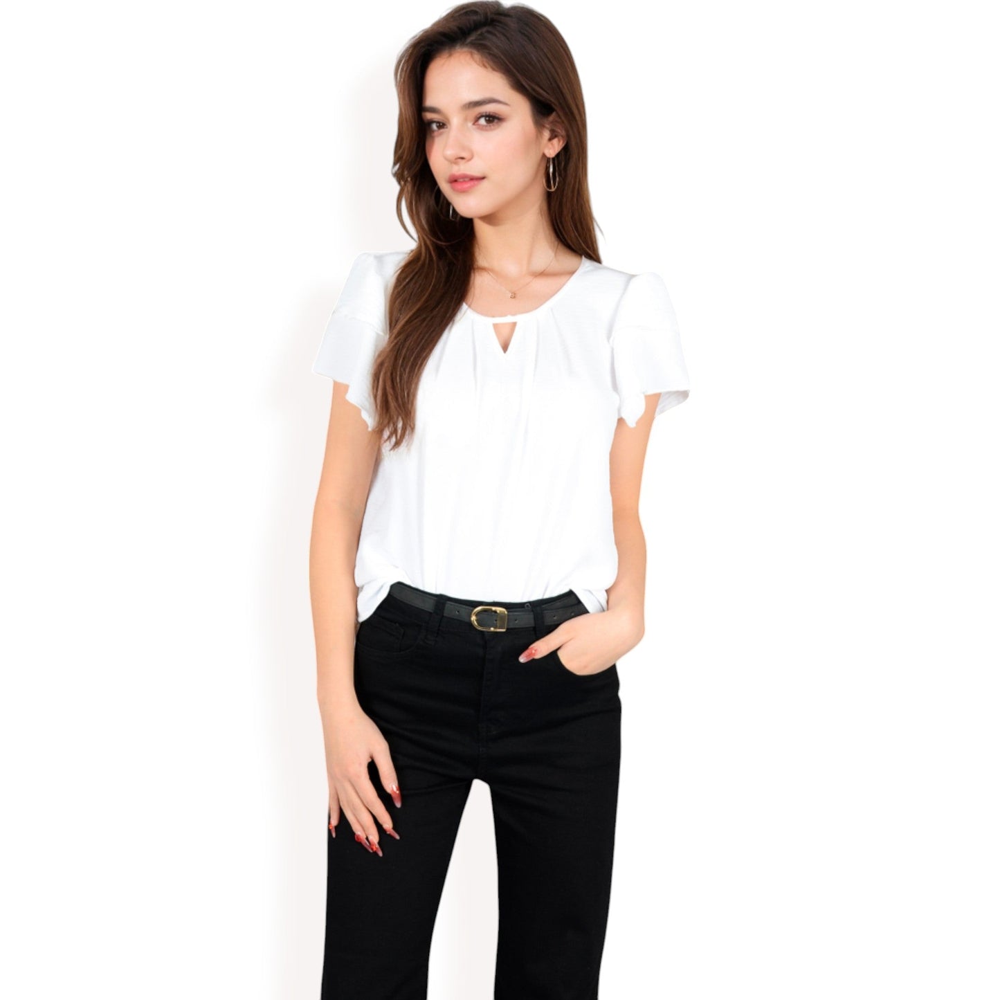 Flutter Sleeve Top with Keyhole Neckline and Lightweight Textured Fabric