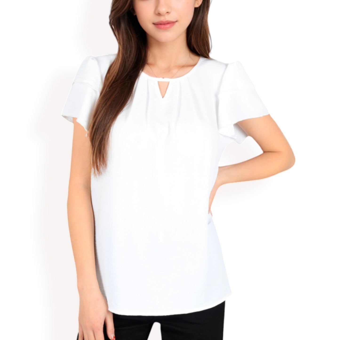 Flutter Sleeve Top with Keyhole Neckline and Lightweight Textured Fabric