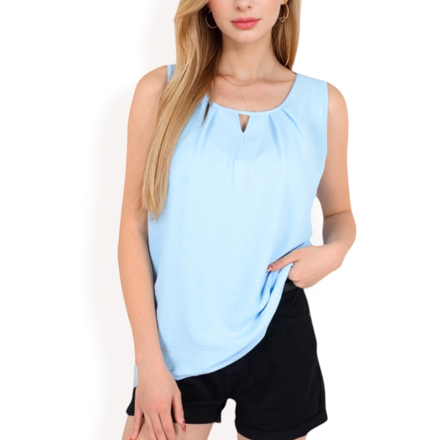 Sleeveless Keyhole Top with Pleated Front Detail and Lightweight Textured Fabric