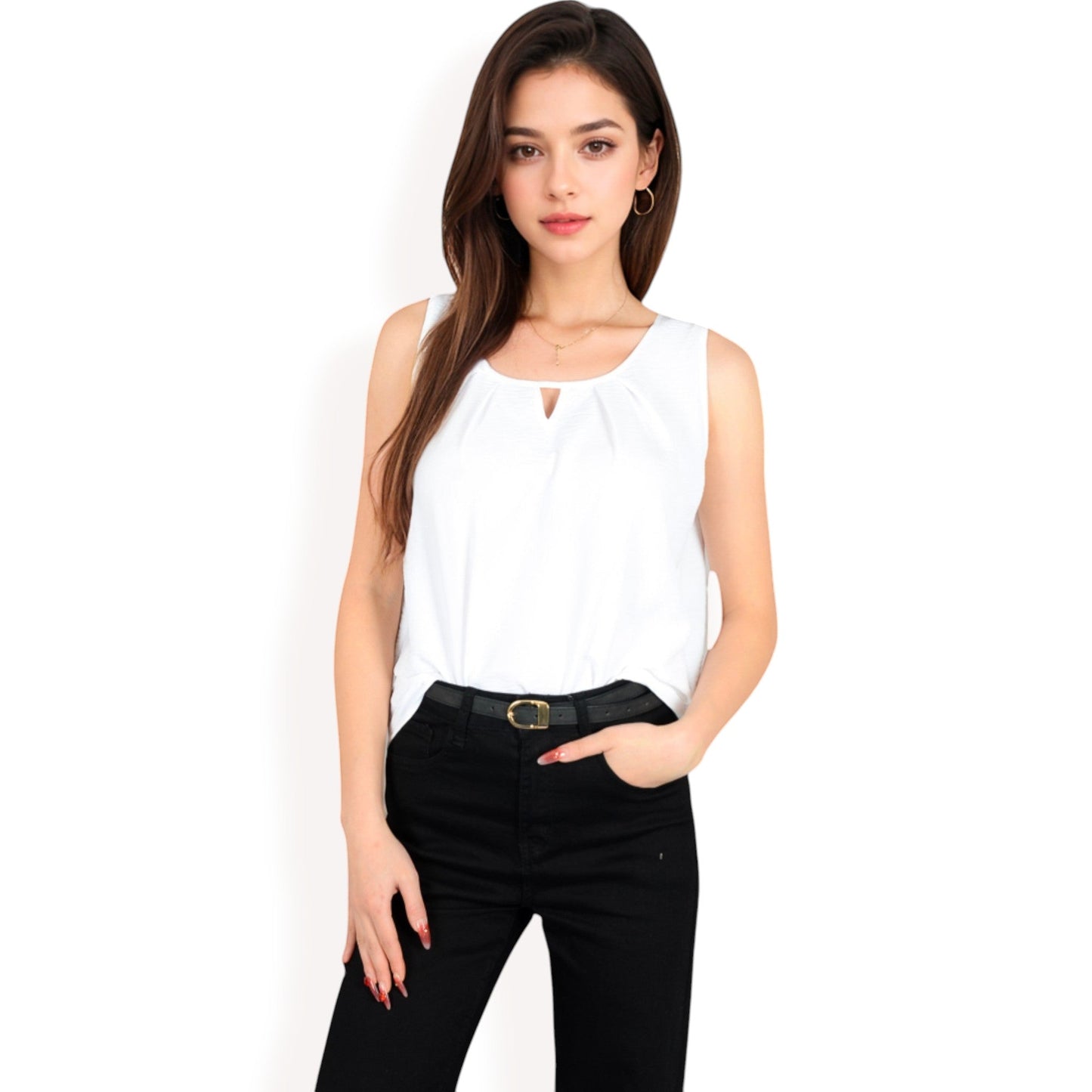 Sleeveless Keyhole Top with Pleated Front Detail and Lightweight Textured Fabric