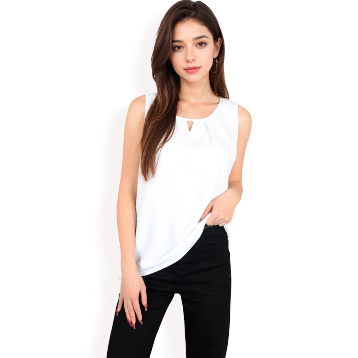 Sleeveless Keyhole Top with Pleated Front Detail and Lightweight Textured Fabric