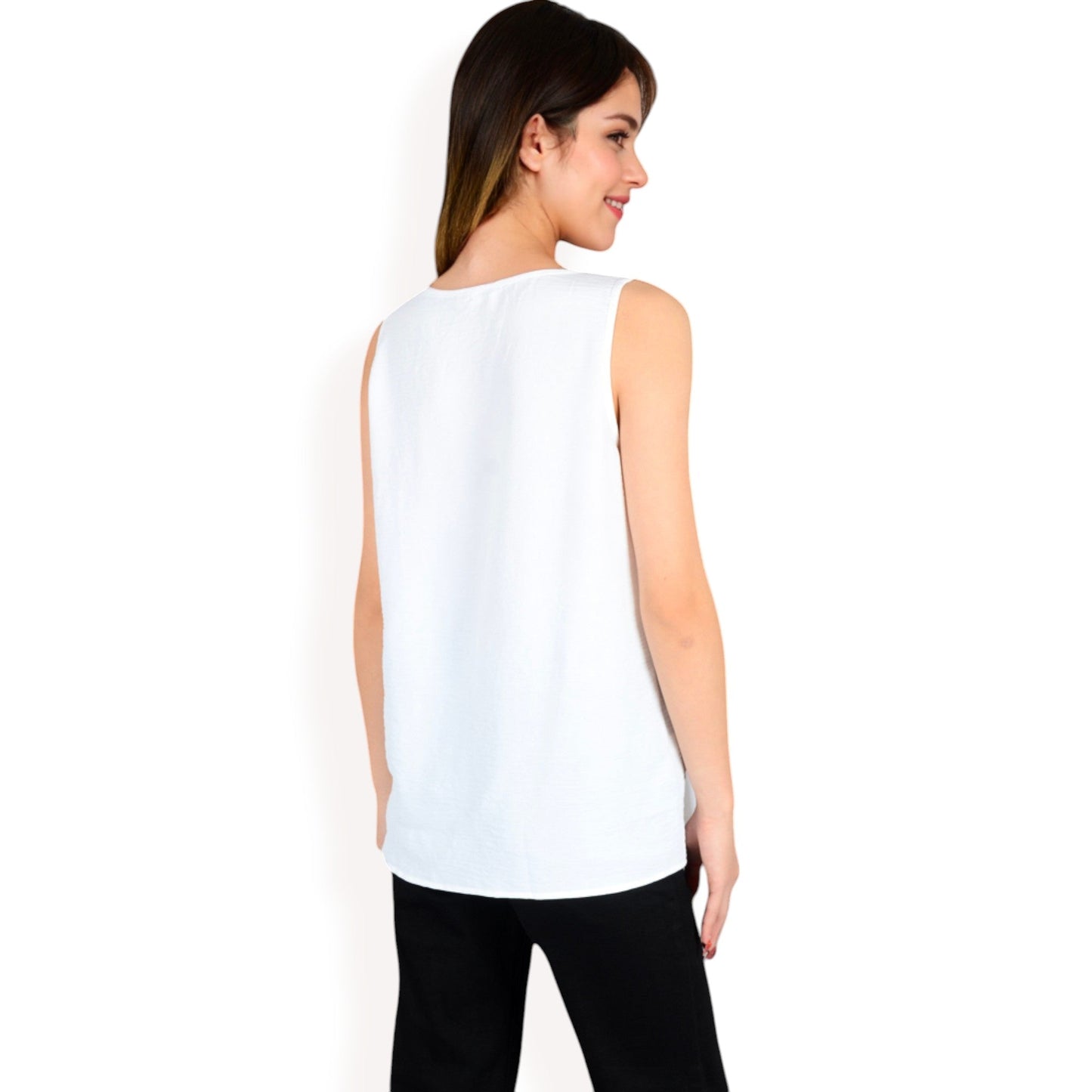 Sleeveless Keyhole Top with Pleated Front Detail and Lightweight Textured Fabric