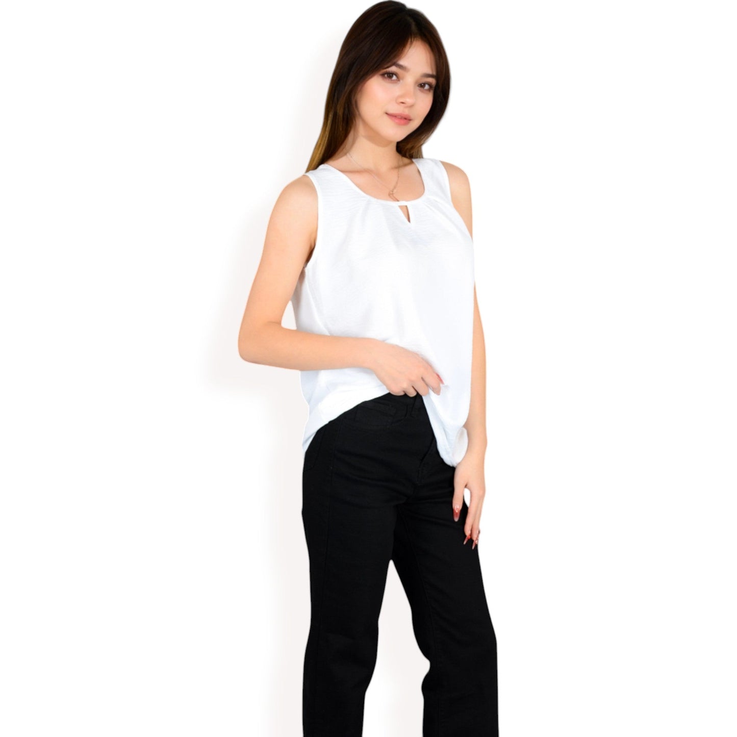 Sleeveless Keyhole Top with Pleated Front Detail and Lightweight Textured Fabric