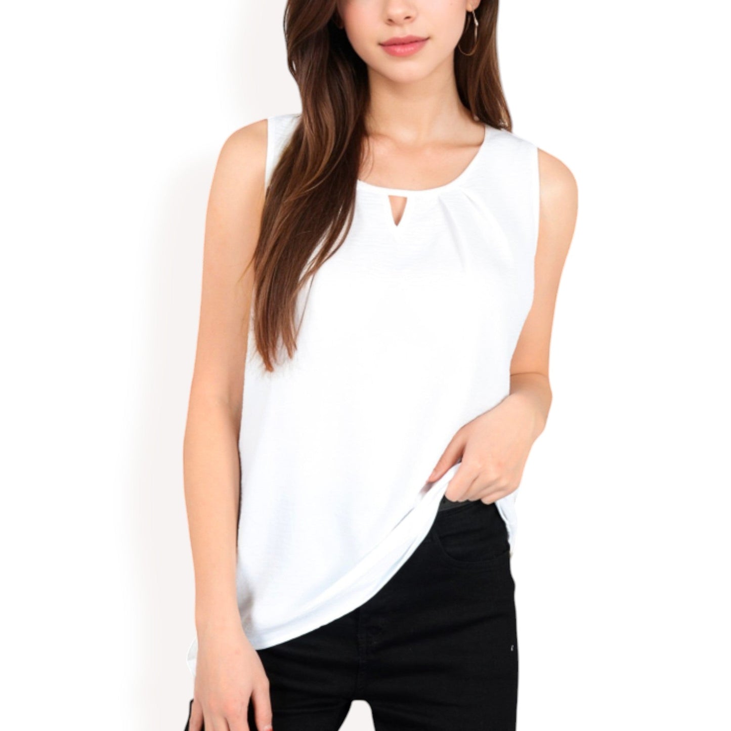 Sleeveless Keyhole Top with Pleated Front Detail and Lightweight Textured Fabric