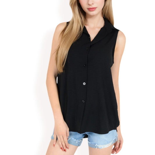 Sleeveless Button-Down Collared Top with Lightweight Textured Fabric and Classic Design