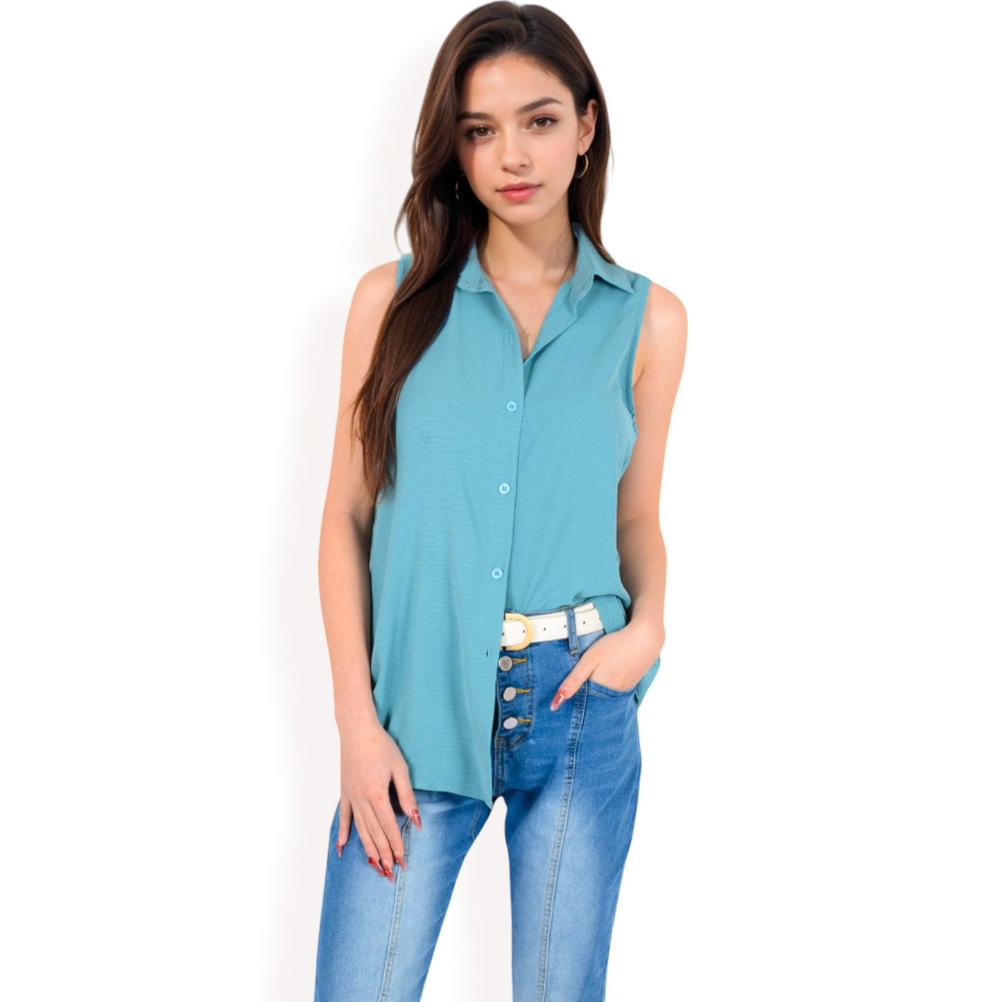 Sleeveless Button-Down Collared Top with Lightweight Textured Fabric and Classic Design