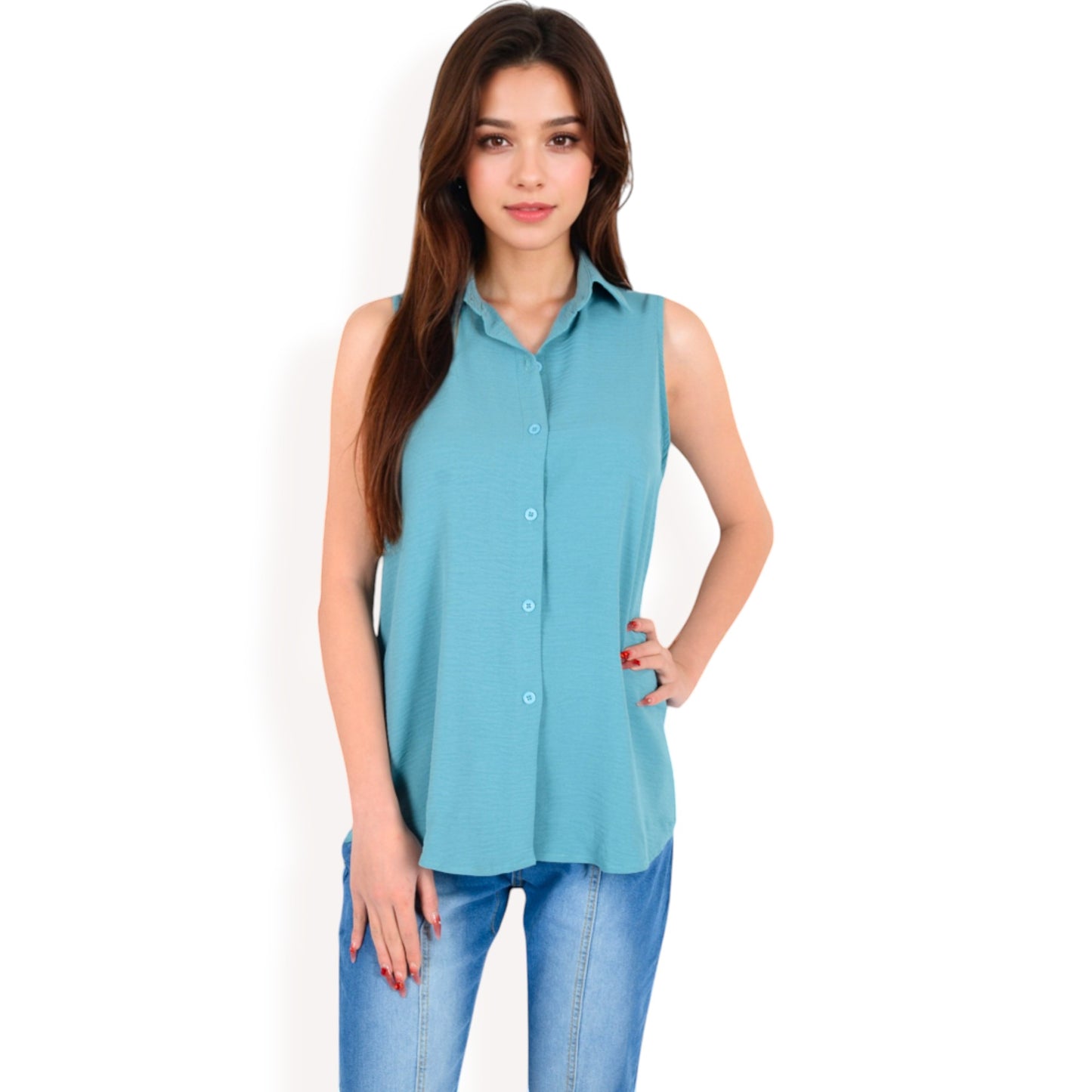 Sleeveless Button-Down Collared Top with Lightweight Textured Fabric and Classic Design