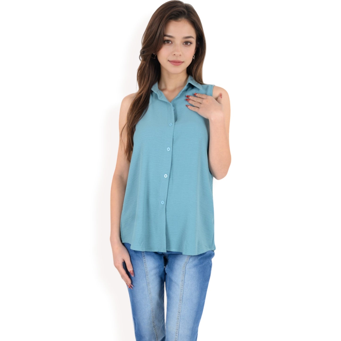 Sleeveless Button-Down Collared Top with Lightweight Textured Fabric and Classic Design