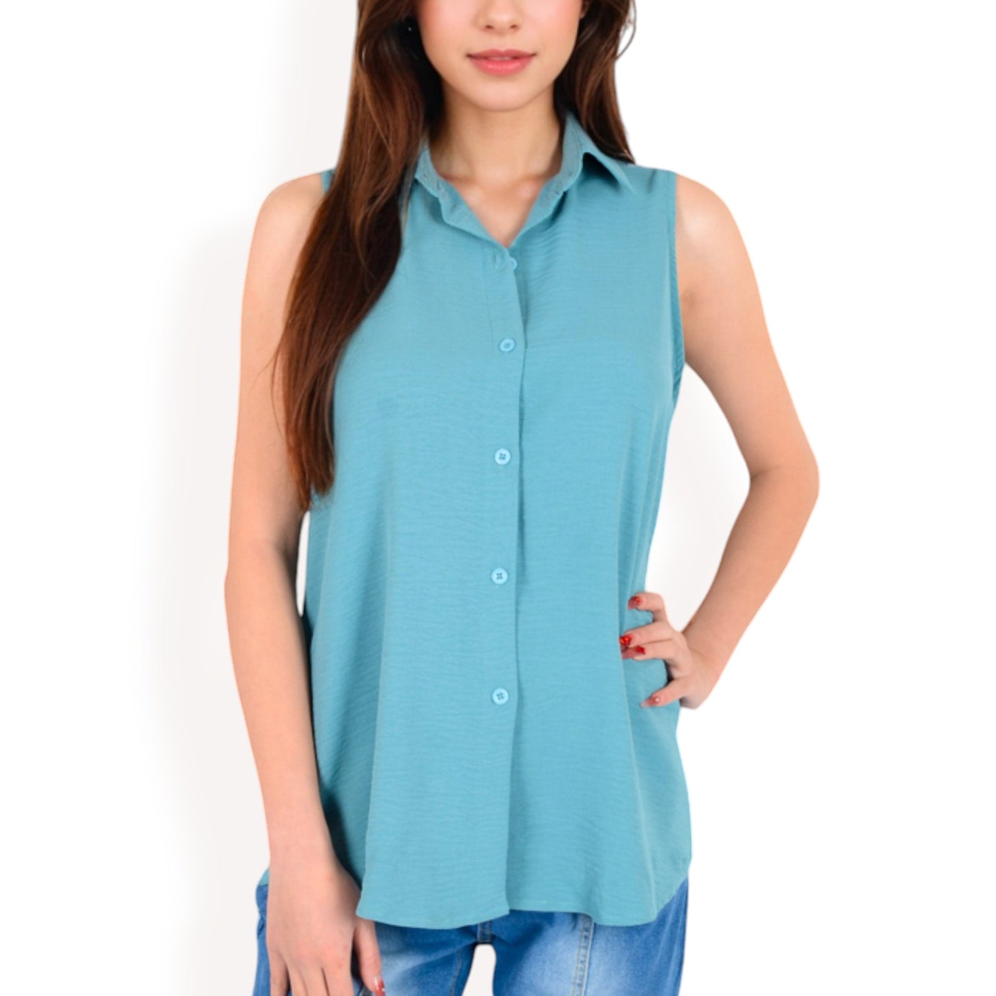 Sleeveless Button-Down Collared Top with Lightweight Textured Fabric and Classic Design