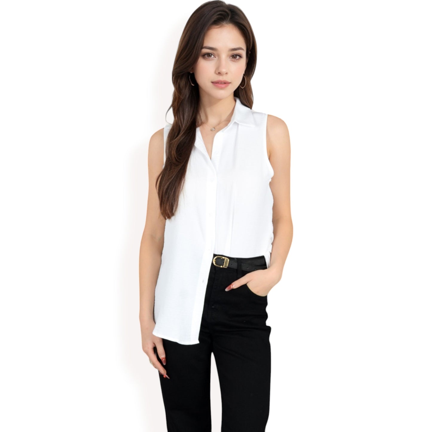 Sleeveless Button-Down Collared Top with Lightweight Textured Fabric and Classic Design