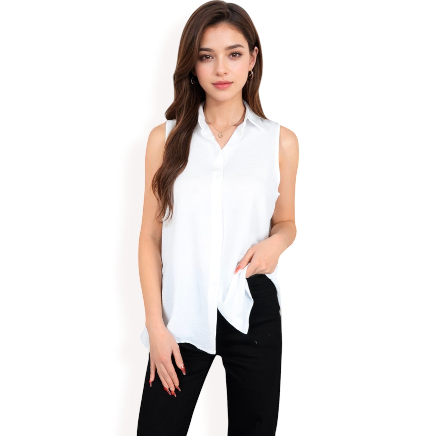 Sleeveless Button-Down Collared Top with Lightweight Textured Fabric and Classic Design
