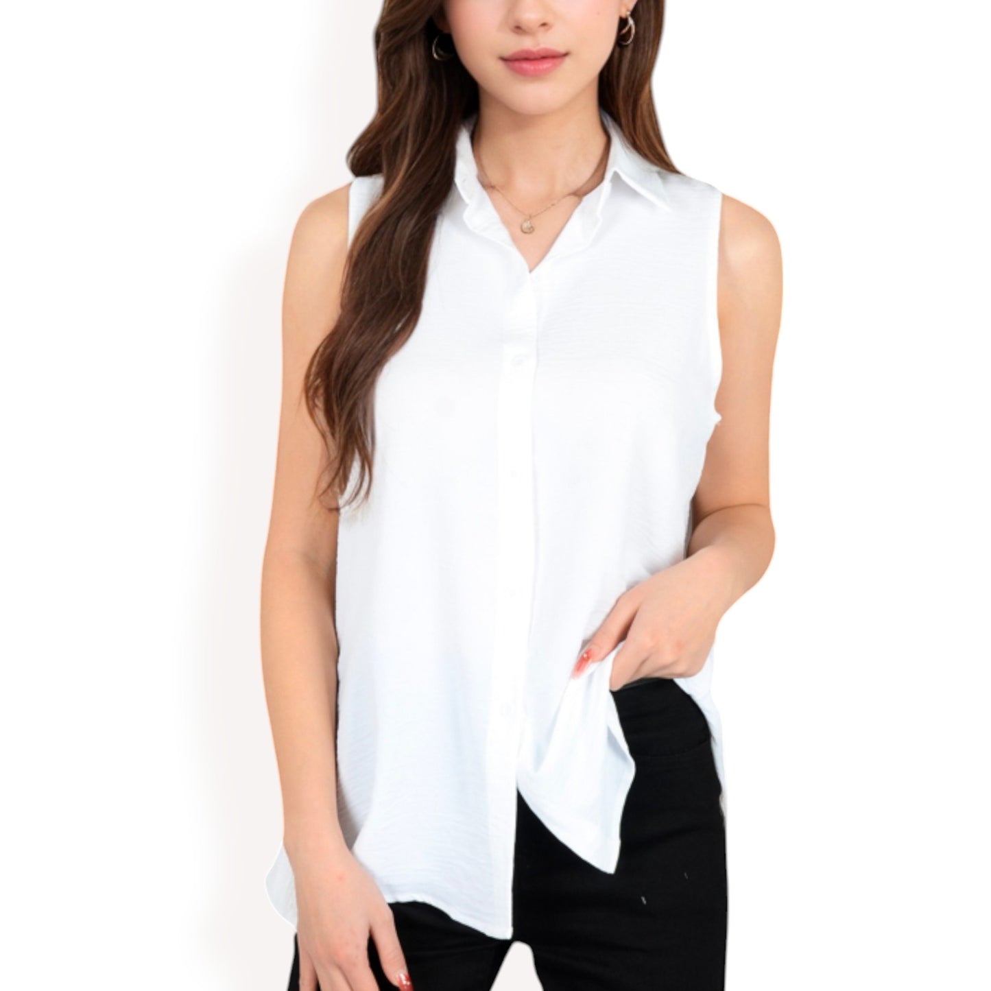 Sleeveless Button-Down Collared Top with Lightweight Textured Fabric and Classic Design