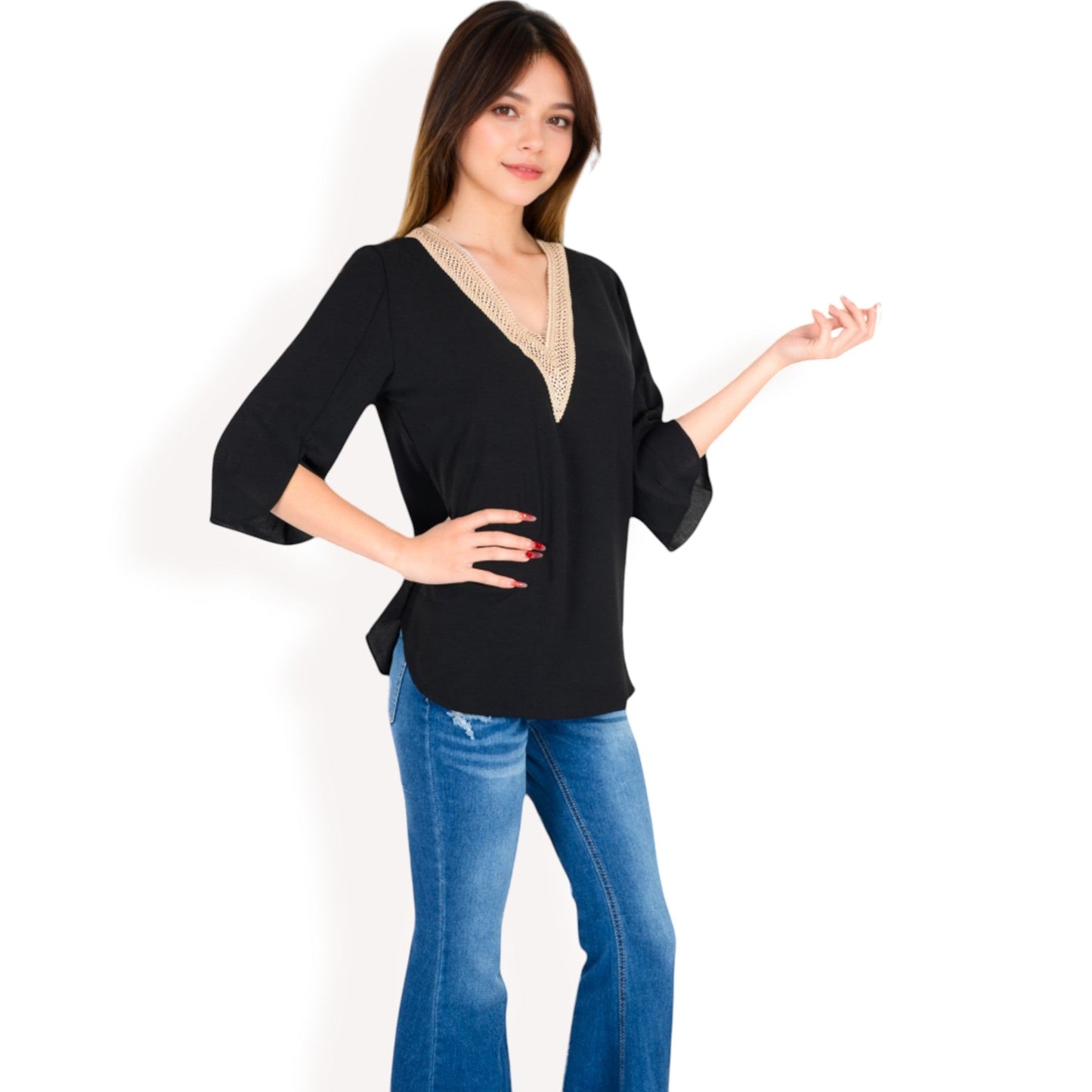 Split Sleeve V-Neck Blouse with Crochet Detail