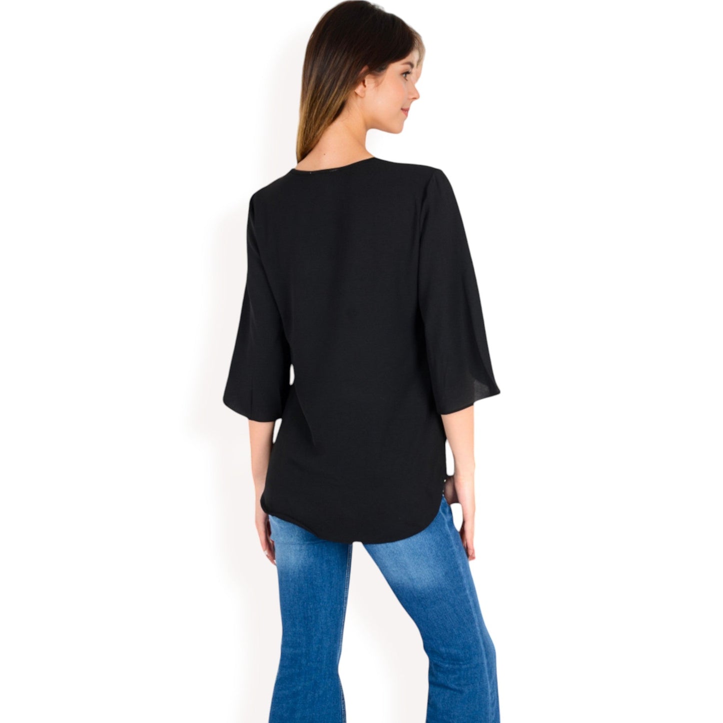 Split Sleeve V-Neck Blouse with Crochet Detail