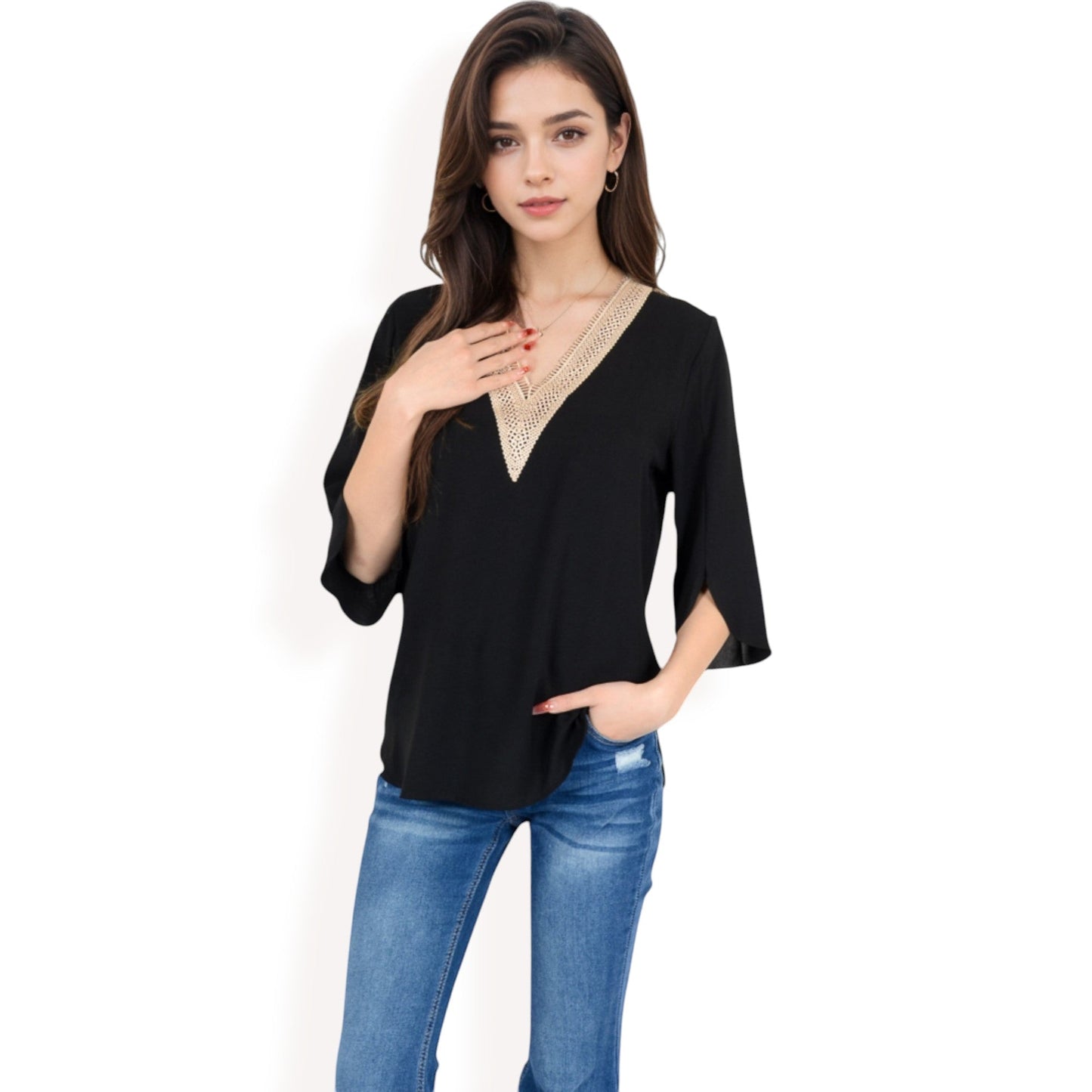 Split Sleeve V-Neck Blouse with Crochet Detail