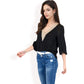 Split Sleeve V-Neck Blouse with Crochet Detail