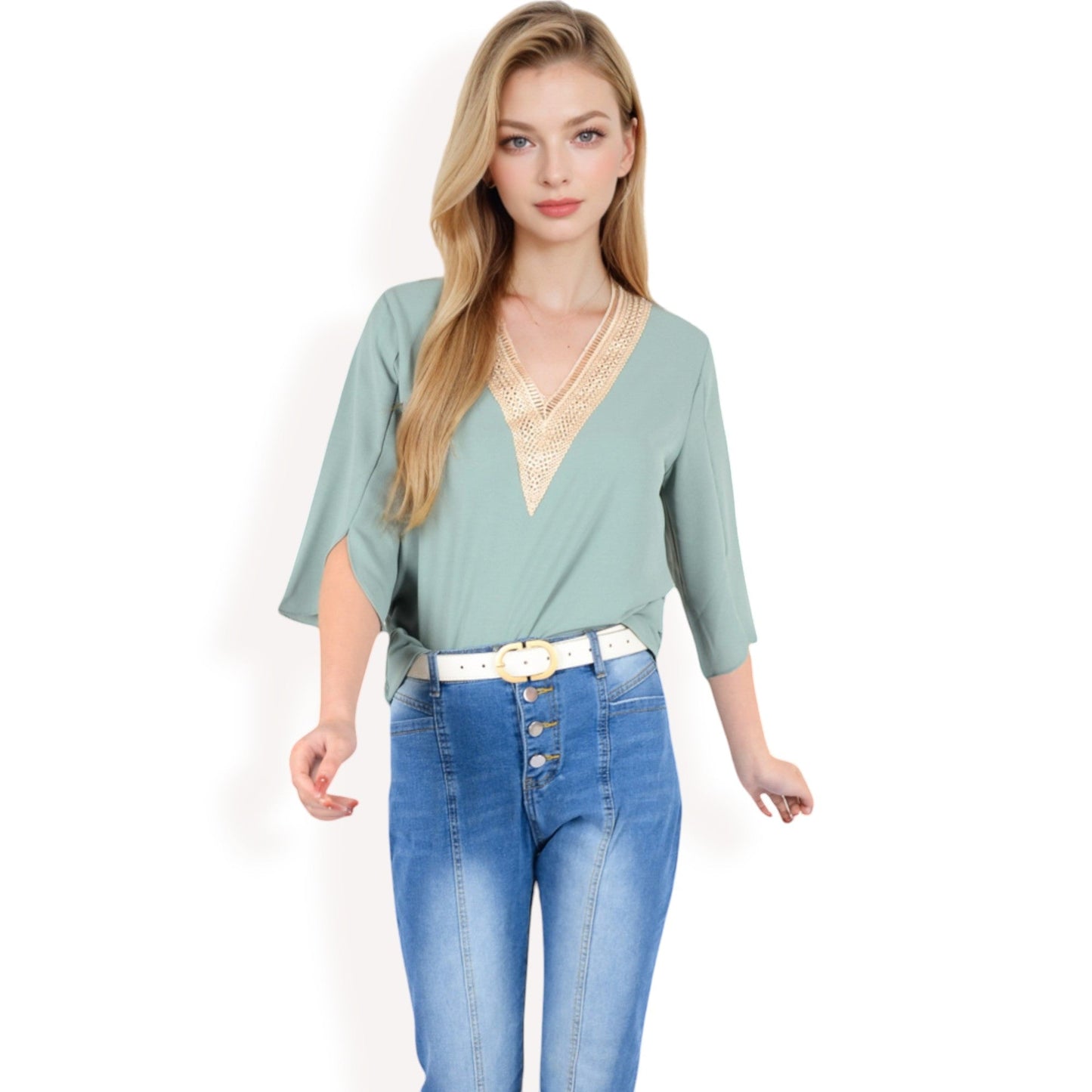 Split Sleeve V-Neck Blouse with Crochet Detail
