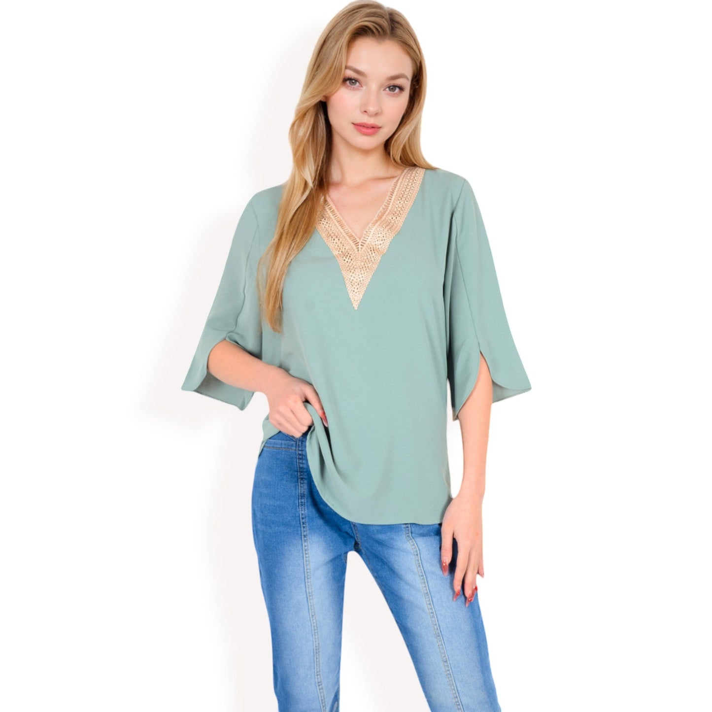 Split Sleeve V-Neck Blouse with Crochet Detail